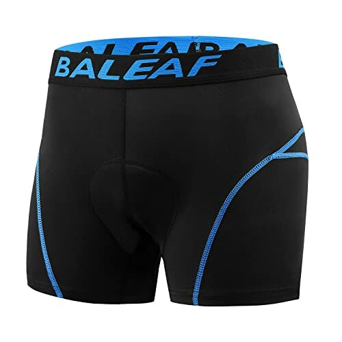 Black and blue Baleaf cycling shorts with padding.