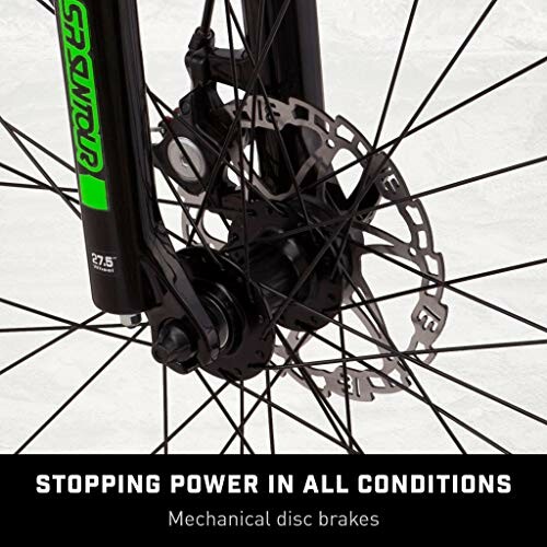 Close-up of a mechanical disc brake with text 'Stopping Power in All Conditions'.