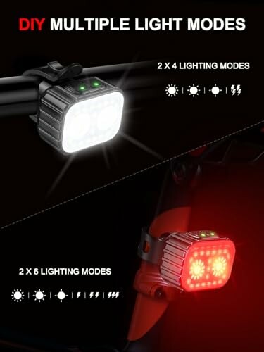 Bike light with multiple DIY lighting modes, front and rear views.