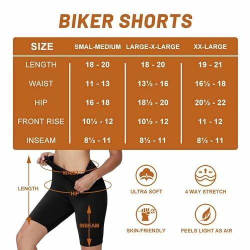 Biker shorts size chart with length, waist, hip, front rise, inseam measurements, and product features.
