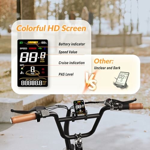 Comparison of e-bike LCD display features highlighting colorful HD screen and indicators.