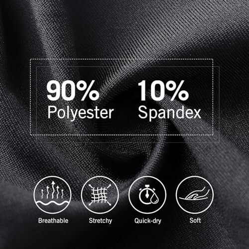 Close-up of fabric blend with 90% polyester and 10% spandex, featuring icons for breathability, stretch, quick-dry, and softness.