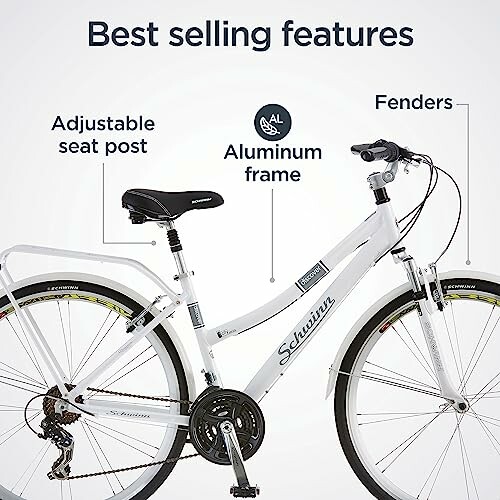 Features of a Schwinn bike with adjustable seat post, aluminum frame, and fenders.