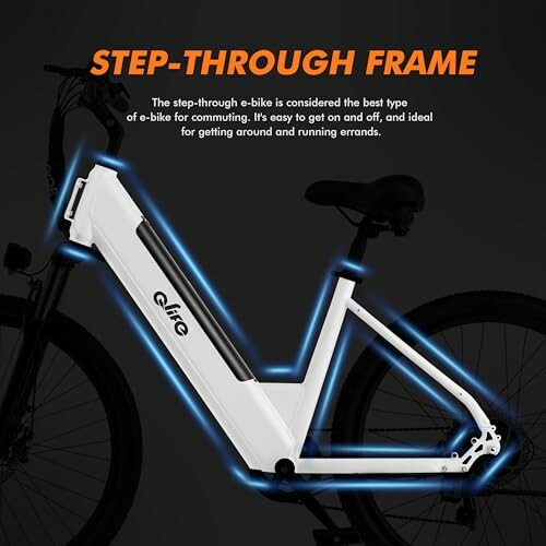 Step-through e-bike frame with text about commuting benefits.